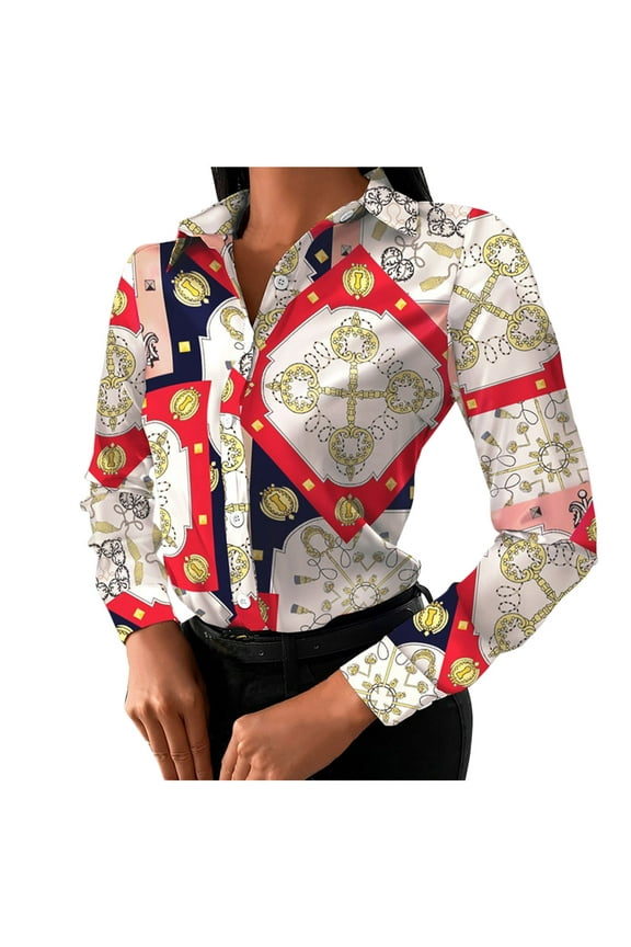 Women T Shirts Casual Long Sleeve Tunic Tops Chain Print Button Up Long Sleeve Blouse Shirt Chiffon Tops Fall Winter Womens Clothes Red