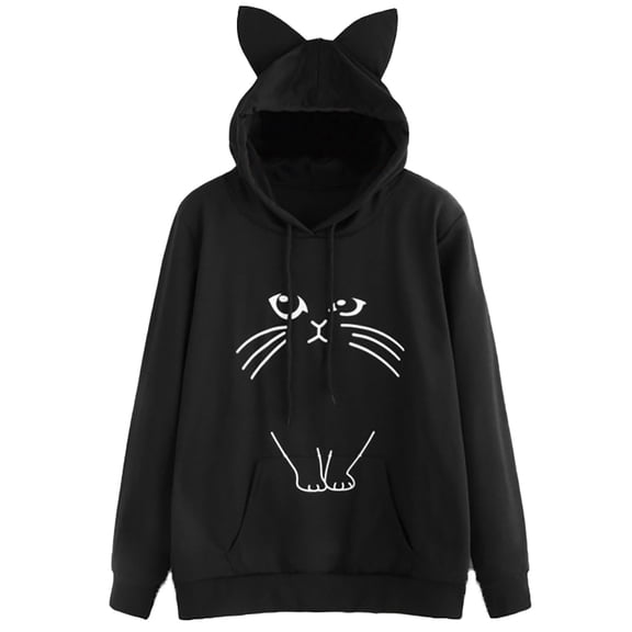 Bjutir Women T Shirts New Long Sleeve Hooded Cat Printed Large Size Top Sweatshirt Fall Winter Womens Clothes Black