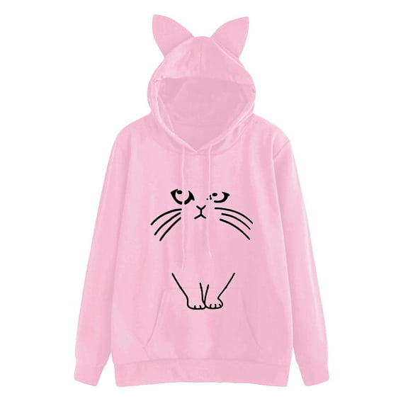 Bjutir Women T Shirts New Long Sleeve Hooded Cat Printed Large Size Top Sweatshirt Fall Winter Womens Clothes Pink