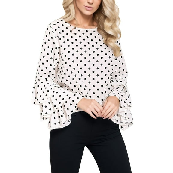 Bjutir Women T-Shirts Tees Bell Blouse Casual Sleeve Ladies Fashion Dot Polka Loose Tops Shirt Blouse White L