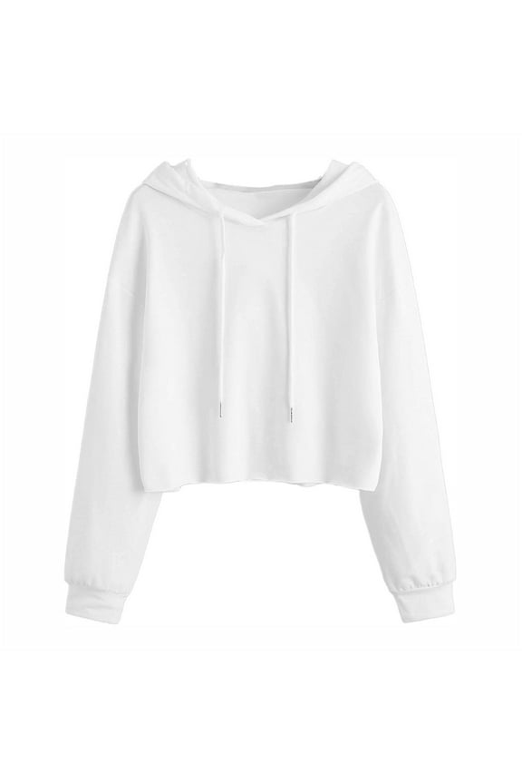 Women T-Shirts Tees Long Sleeve Drawstring Crop Sweatshirt Crop Top Hoodie Pullover Top Blouse White M