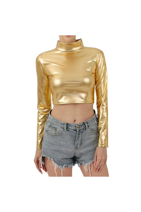 Women T-Shirts Tees Metallic Long Sleeve Tops Shiny Stretch Long Sleeve Neck Clubwear Slim Fit Metallic Blouses Gold L