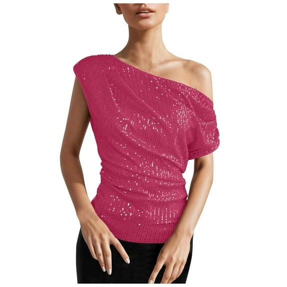 Bjutir Women T-Shirts Tees One Shoulder Sequin Sparkly Tops Ruched Asymmetrical Glitter Tops Party Shirts Hot Pink Xl