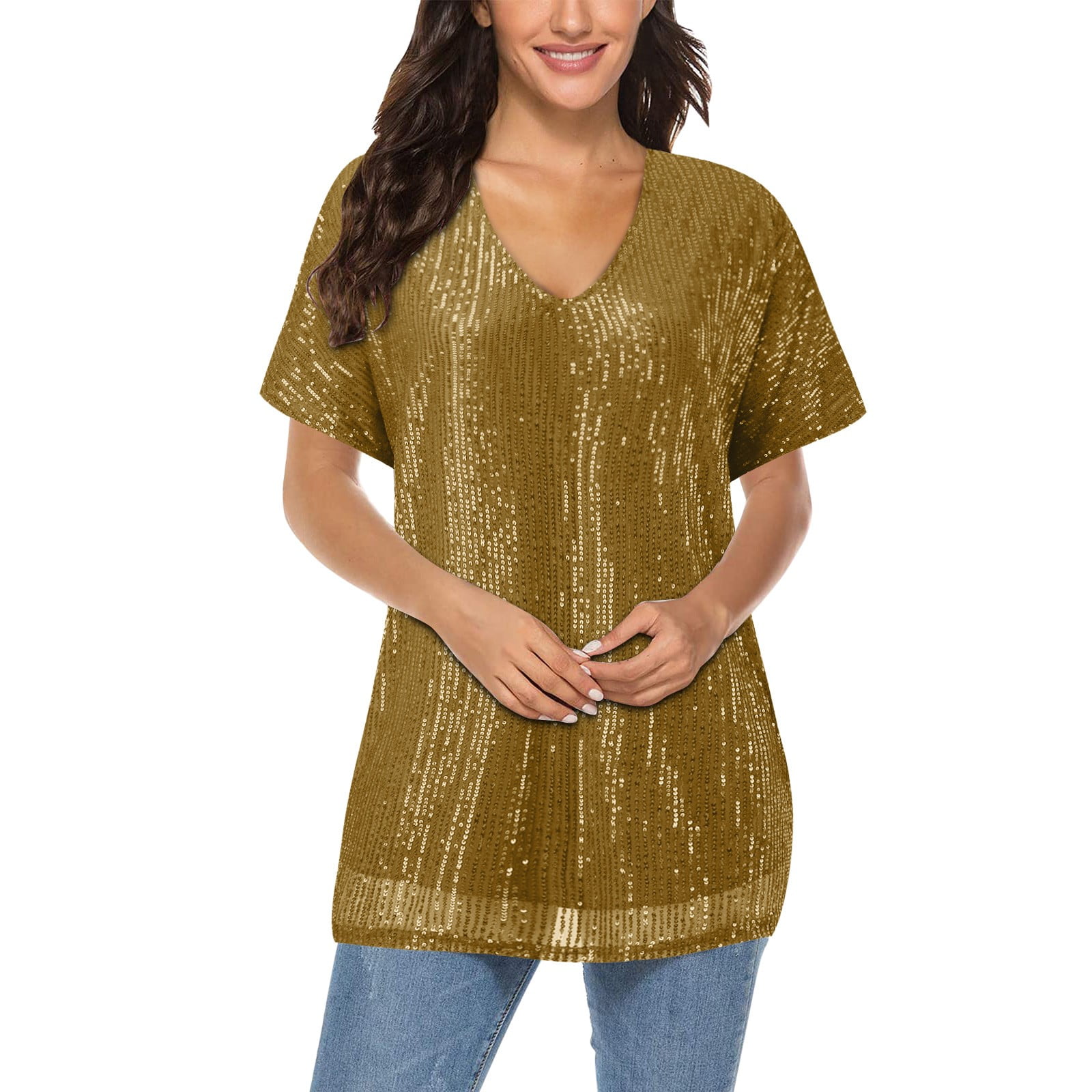 Bjutir Women TShirts Tees Plus Size Sparkly Sequin Blingbling V Neck