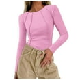 thumbnail image 1 of Bjutir Womens Autumn Long Sleeved Ribbed Knit Casual Round Neck Slim Fit Seam Basic T Shirt Top Pink Xs, 1 of 9