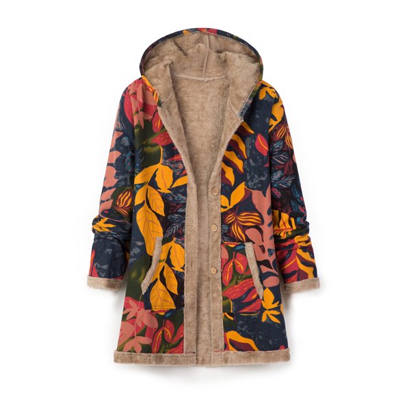Bjutir Womens Down Jackets Coat Winter Fashion Ethnic Printing Splicing Cotton Linen Hooded Cardigan Long Sleeves Mid Length Coat Blue