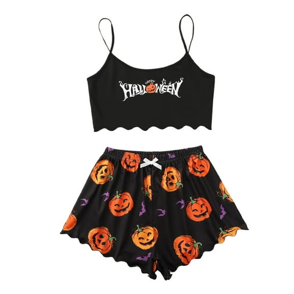 Bjutir Womens Halloween Pajamas Set Pumpkin Printed Sleeveless Camisole And Shorts Homewear Pajama Sleepwear Set Black