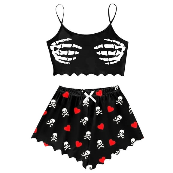 Bjutir Womens Halloween Pajamas Set Sleeveless Vest Shorts Set Casual Halloween Print Comfortable Sleepwear Red