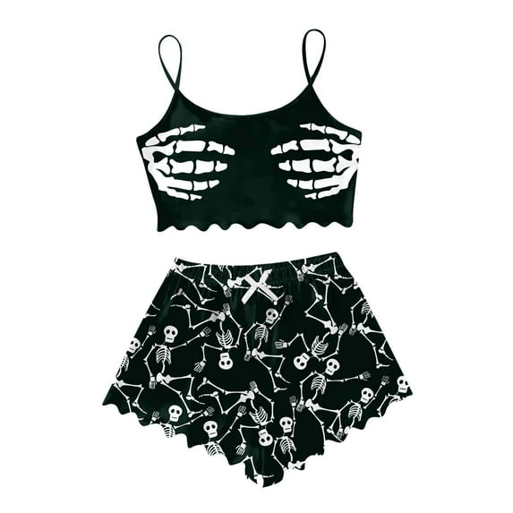 Bjutir Womens Halloween Pajamas Set Sleeveless Vest Shorts Set Casual Halloween Print Comfortable Sleepwear Set Dark Green