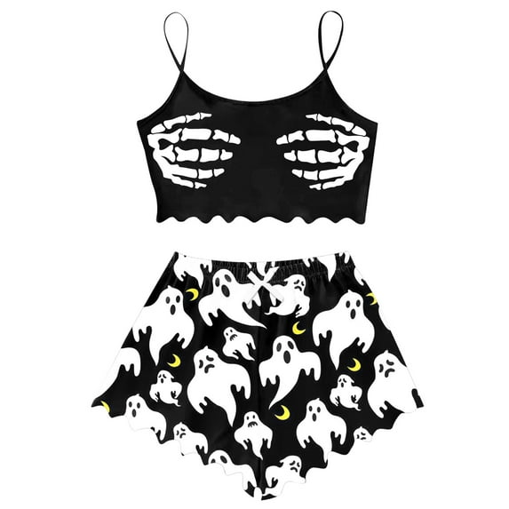 Bjutir Womens Halloween Sleepwear Set Sleeveless Tops With Shorts Set Casual Halloween Print Comfortable Pajamas Set White