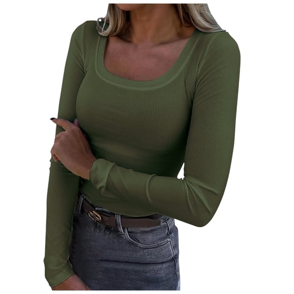 Bjutir Womens Long Sleeve Shirts Square Neck Slim Fit Basic Tops Casual Ribbed Thermal Undershirts Tee Fall Winter Fashion Tshirts Army Green M
