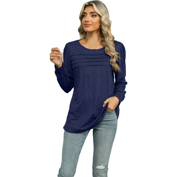 Bjutir Womens Long Sleeve T Shirt Fall Winter Comfortable Casual Solid Color U Neck Pleated Top Navy Xl