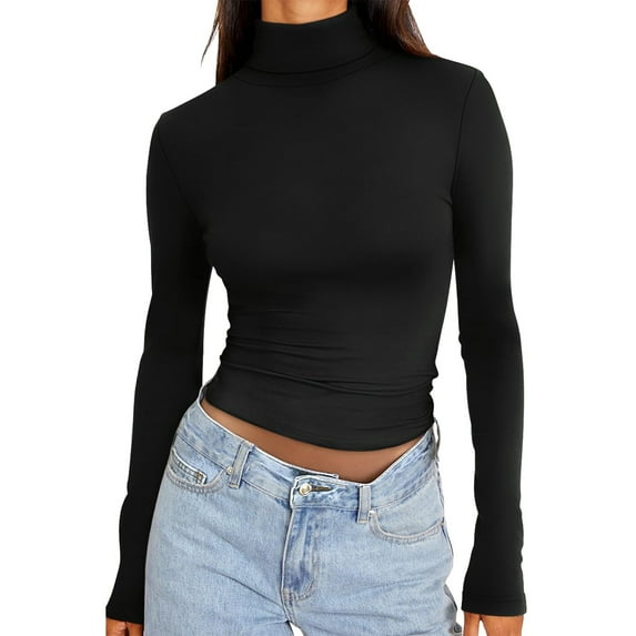 Bjutir Womens Long Sleeve Turtleneck Crop Tops Basic Slim Fitted Going Out T Shirts Fall Winter Solid Color Clothes Black M