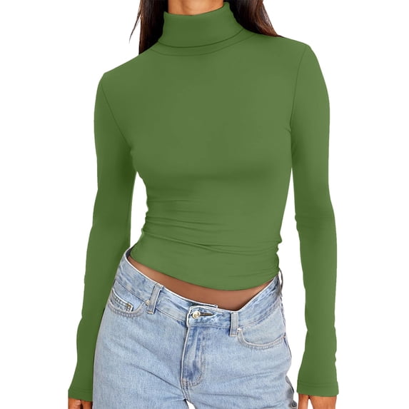 Bjutir Womens Long Sleeve Turtleneck Crop Tops Basic Slim Fitted Going Out T Shirts Fall Winter Solid Color Clothes Green 2Xl