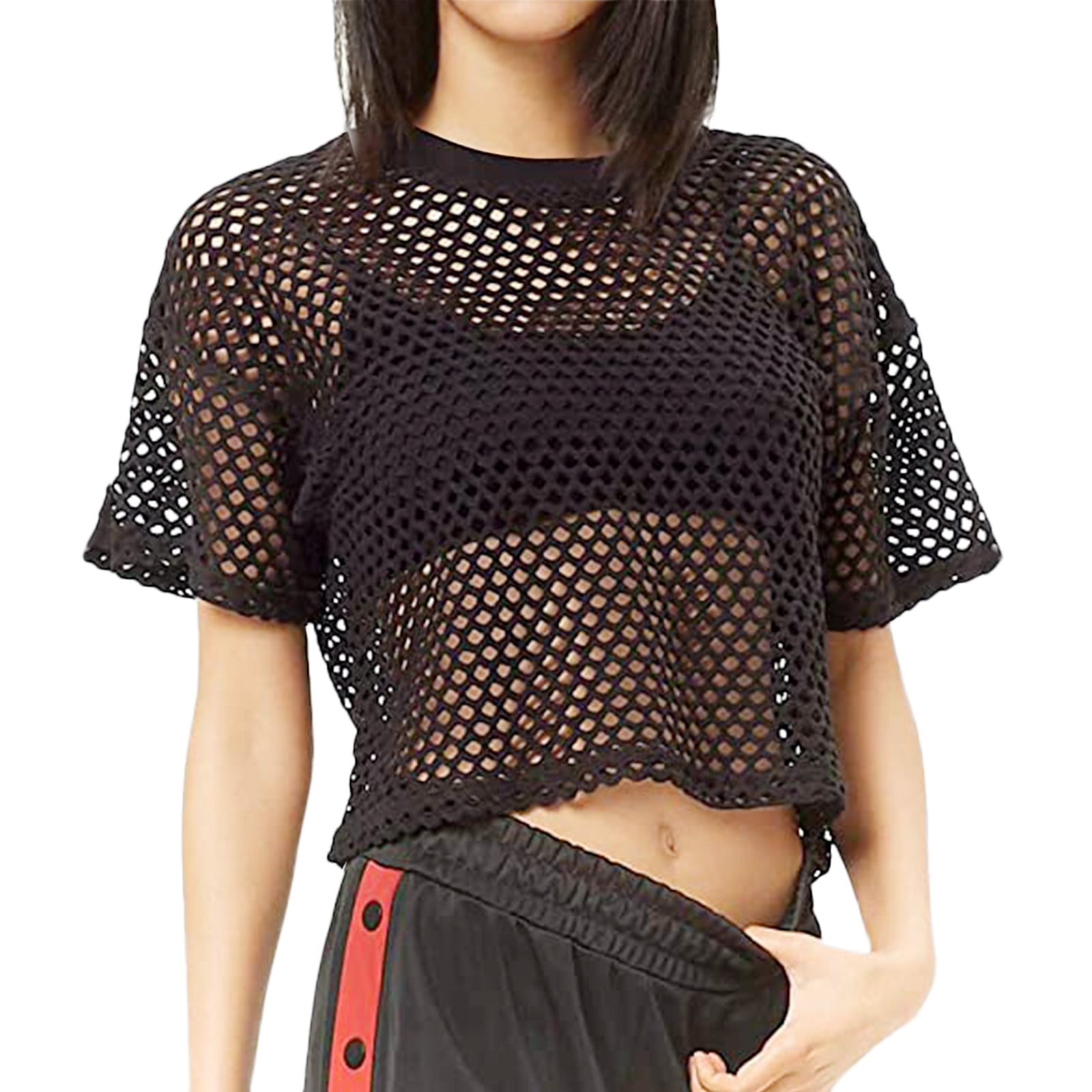トップス POLYSOOEM FISHNET OFF-SHOULDER TOP BLACK SHEIN EZwear Hollow Off-Shoulder Fishnet Hooded Cropped Top