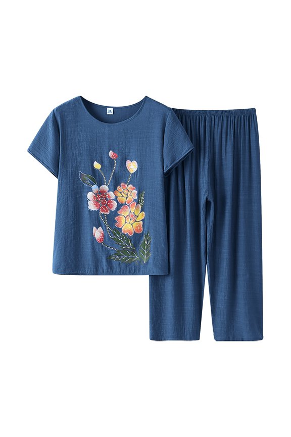 Womens Outfit Set Elderly Floral Print Summer Suit Mother Short Sleeve Cotton Silk Elderly Summer Clothes Trousers Suit Two Piece Set Blue 2Xl