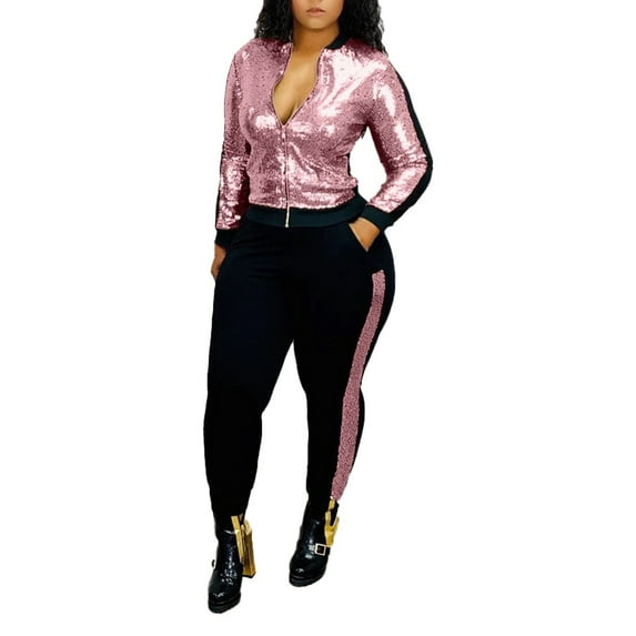 Bjutir Womens Outfit Set Spring Fashion Sexy Sequin Casual Two Piece Set Pink Xl