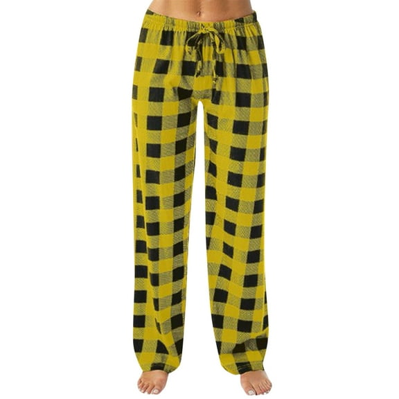 Bjutir Womens Pajamas Pants Autumn Winter Plaid Print Drawstring Trousers Loose Home Pants Yellow