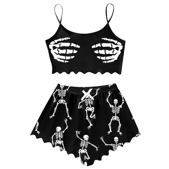 Bjutir Womens Pajamas Set Halloween Sleeveless Vest Shorts Set Casual Halloween Print Comfortable Home Wear Outfit Set Black