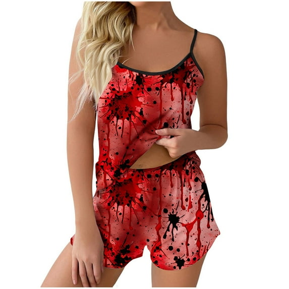 Bjutir Womens Pajamas Set Printed Strap Top Shorts Home Sleepwear 2 Piece Set Sleepwear Black