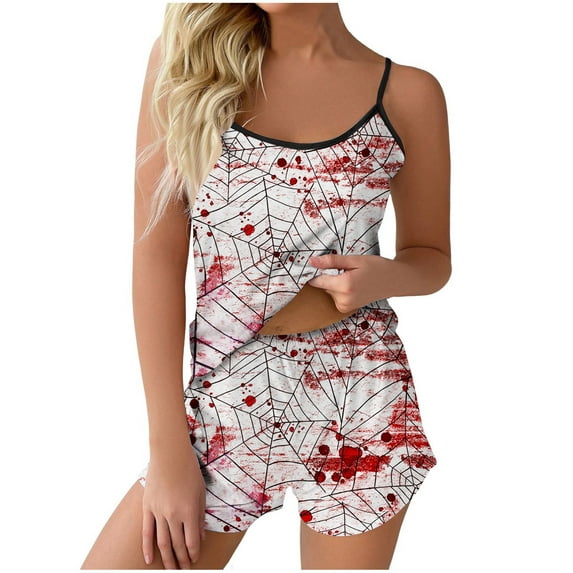 Bjutir Womens Pajamas Set Printed Strap Top Shorts Home Sleepwear 2 Piece Set Sleepwear White