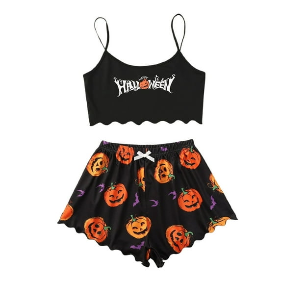 Bjutir Womens Pajamas Set Pumpkin Printed Sleeveless Camisole And Shorts Homewear Pajama Sleepwear Set Black