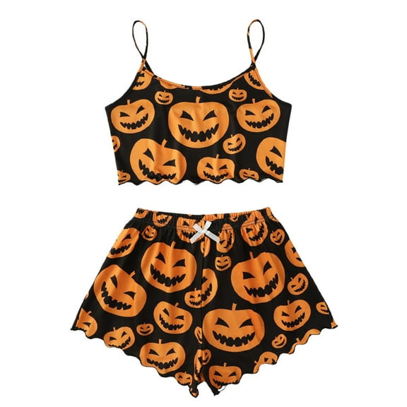 Bjutir Womens Pajamas Set Pumpkin Printed Sleeveless Camisole And Shorts Homewear Pajama Sleepwear Set Orange