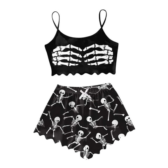Bjutir Womens Pajamas Shorts Set Sleeveless Vest With Shorts Casual Halloween Print Comfortable Homewear Women Outfit Set Black