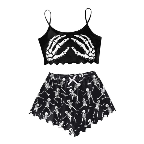 Bjutir Womens Pajamas Shorts Set Sleeveless Vest With Shorts Casual Halloween Print Comfortable Homewear Women Outfit Set Black