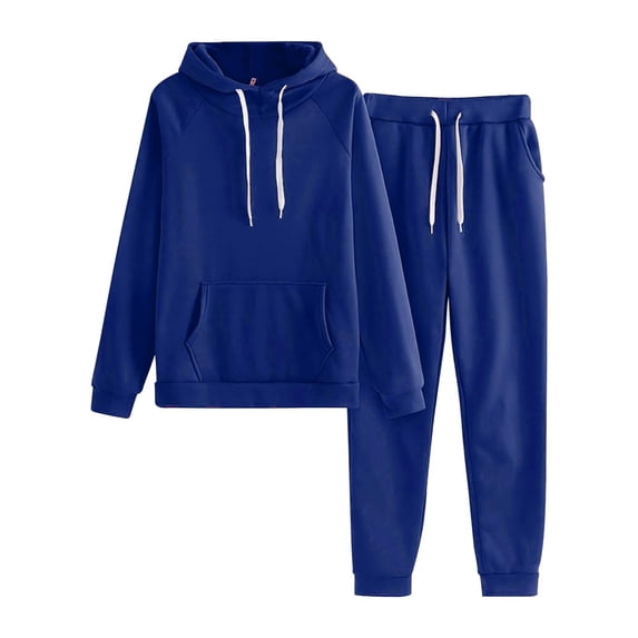Bjutir Womens Solid Color Hooded Long Sleeve Sweatshirt With Pocket And Long Pants Set Fall Winter Outfit Set Blue