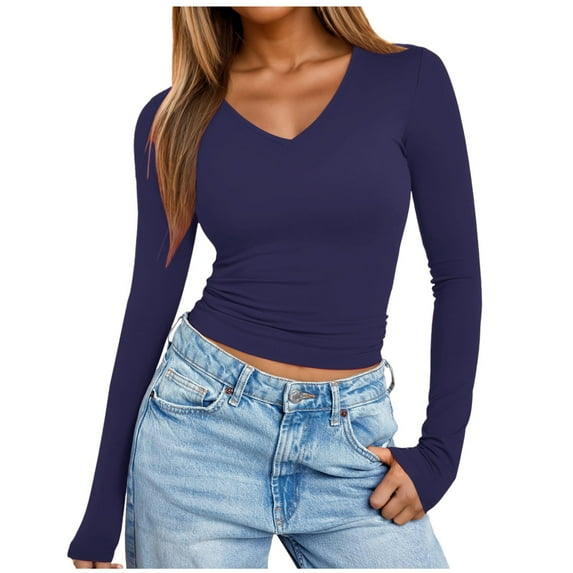 Bjutir Womens Solid Color V Neck T Shirt Girl Slim Fit Long Sleeve Shirt Top Blouse Dark Blue S
