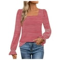 thumbnail image 1 of Bjutir Womens Striped Print Tops Fall Winter Square Neck Long Sleeve T Shirt With Striped Ruffles Red S, 1 of 5