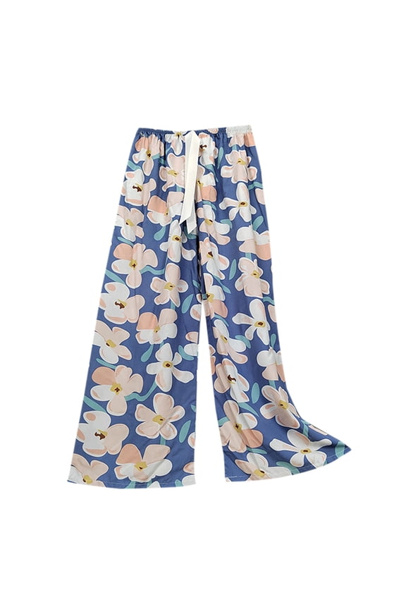Womens Sweatpants Fashion Womens New Printed Summer Large Size Breathable Casual Wide Leg Pants Artificial Cotton High Waist Pants Cotton Silk Pajama Pants