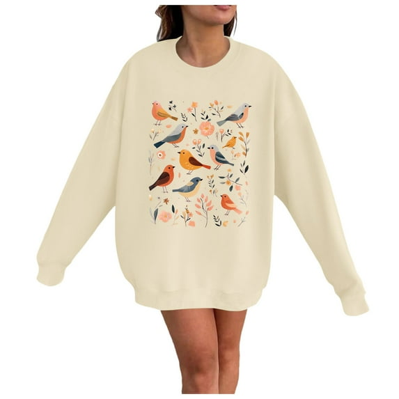 Bjutir Womens Sweatshirts Cute Bird Print Crew Neck Long Sleeve Fall Winter Sweatshirt Beige