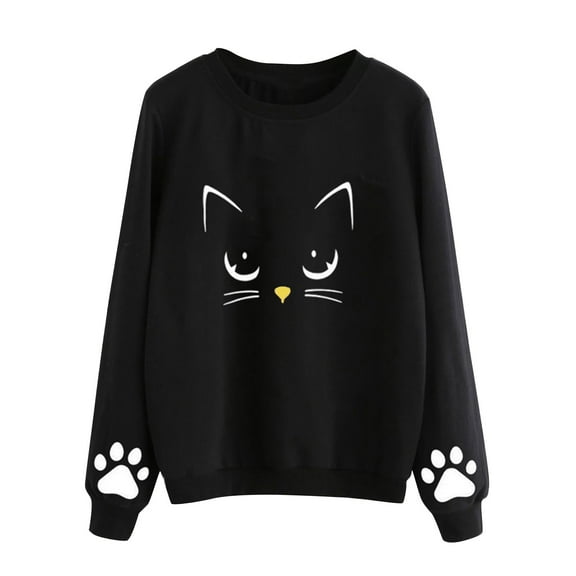 Bjutir Womens Sweatshirts Fashion Casual Cat Print Round Neck Sweater Loose Long Sleeve Pullover Black