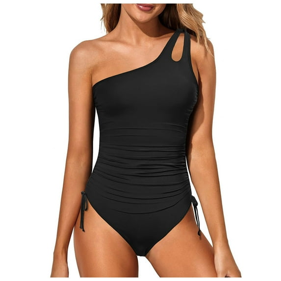 Bjutir Womens Swimsuits One Piece One Shoulder Solid Color Swimsuit For Women Summer Shapewear Tummy Control Ruffle Bathing Suits Full Coverage Keyhole Swimwear Black M