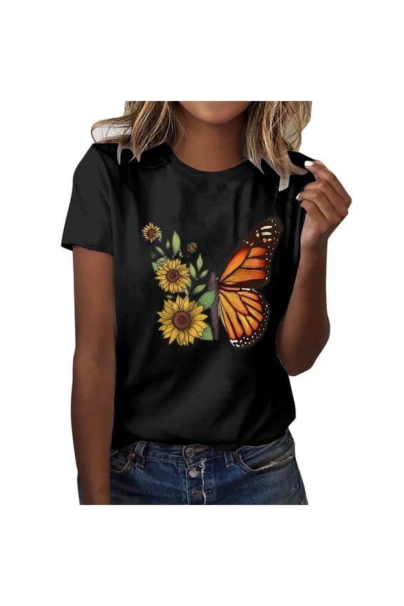 Womens Tops Classic Version Of Cotton Short Sleeve Crewneck Loose Printed T Shirt Black L