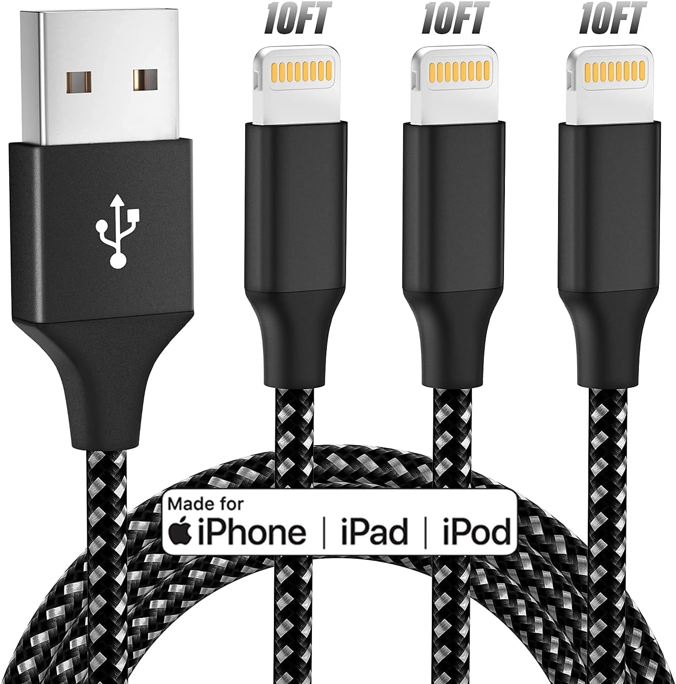 Bkayp Charger Cord [Apple Mfi Certified] 3 Pack 10ft Nylon Braided Fast Charging Cables Compatible with iPhone 14/13/12/11 Black