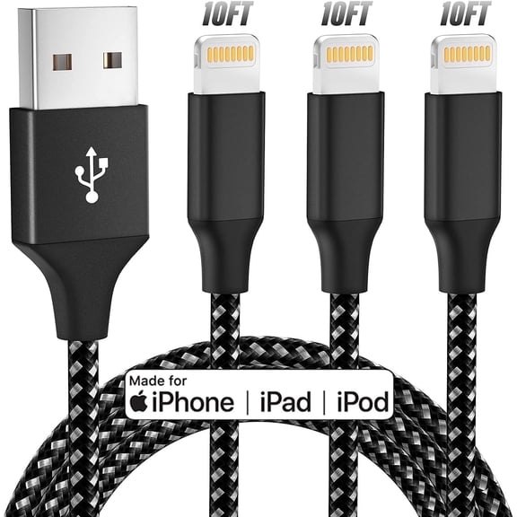Bkayp iPhone Charger [Apple Mfi Certified] 3 Pack 10ft Nylon Braided Fast Charging Cables Compatible with iPhone 14/13/12/11 Black