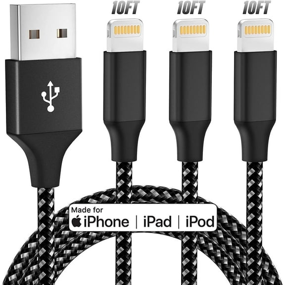 Bkayp iPhone Charger [Apple Mfi Certified] 3 Pack 10ft Nylon Braided Fast Charging Cables Compatible with iPhone 14/13/12/11 Black