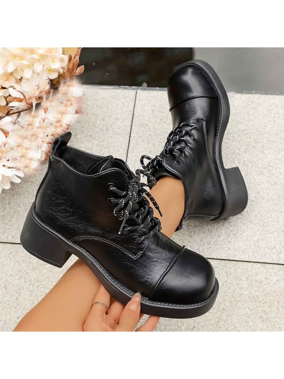 Ankle Boots For Women Cap Toe Lace Up Chunky Block Heel Platform Boot Footwear For Street Style And Cold Season Daily Use
