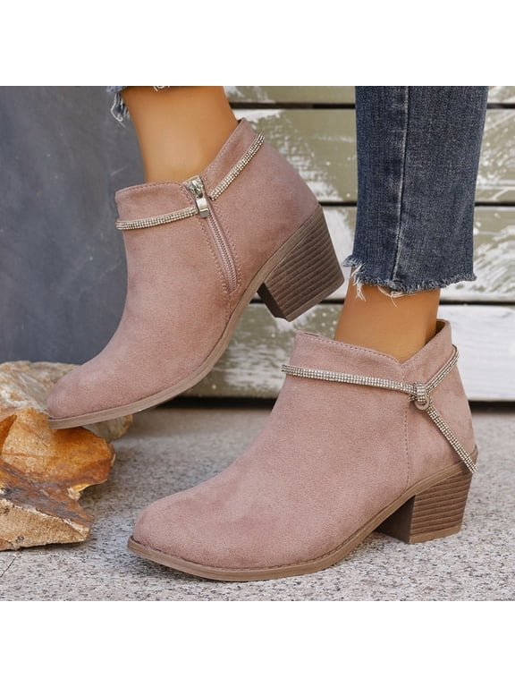 Ankle Boots For Women Matte Faux Suede Round Toe Rhinestone Strap Knotted Accent Low Block Heel Boot Footwear For Casual Dressy Wear
