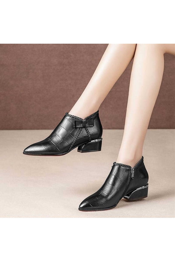 Ankle Boots For Women Pointed Toe Embossed Grid Weave Trim Bow Low Block Heel Boot Footwear For Office And Dressy Occasions