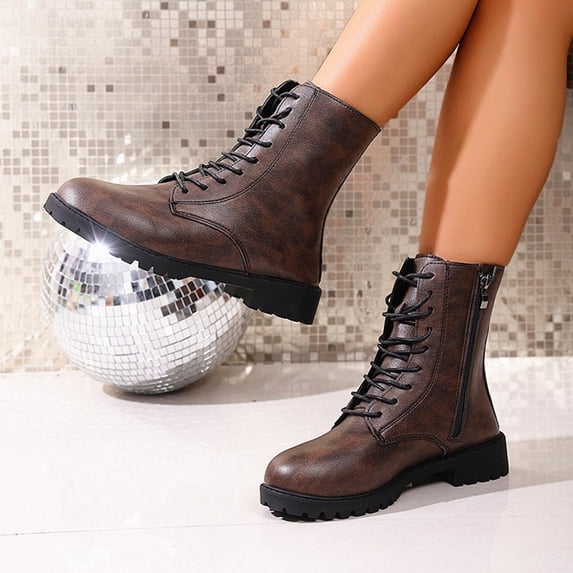 Bkhluea Ankle Boots For Women Smooth Faux Leather Round Toe Full Front Lace Up Low Flat Lug Sole Boot Footwear