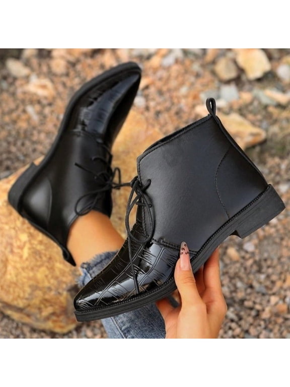 Ankle Boots For Women Two Tone Gloss Croc Embossed Lace Up Pointed Toe Low Flat Heel Boot Footwear For Business Casual Daily Wear