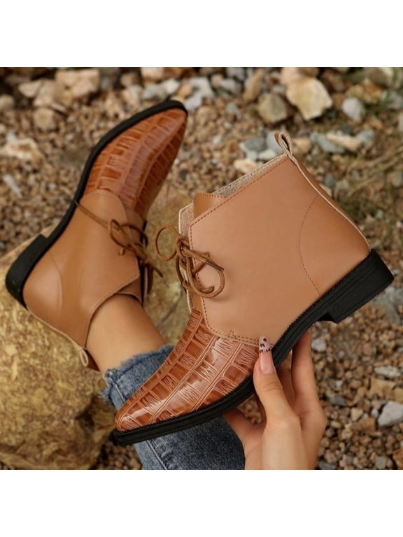 Ankle Boots For Women Two Tone Gloss Croc Embossed Lace Up Pointed Toe Low Flat Heel Boot Footwear For Business Casual Daily Wear