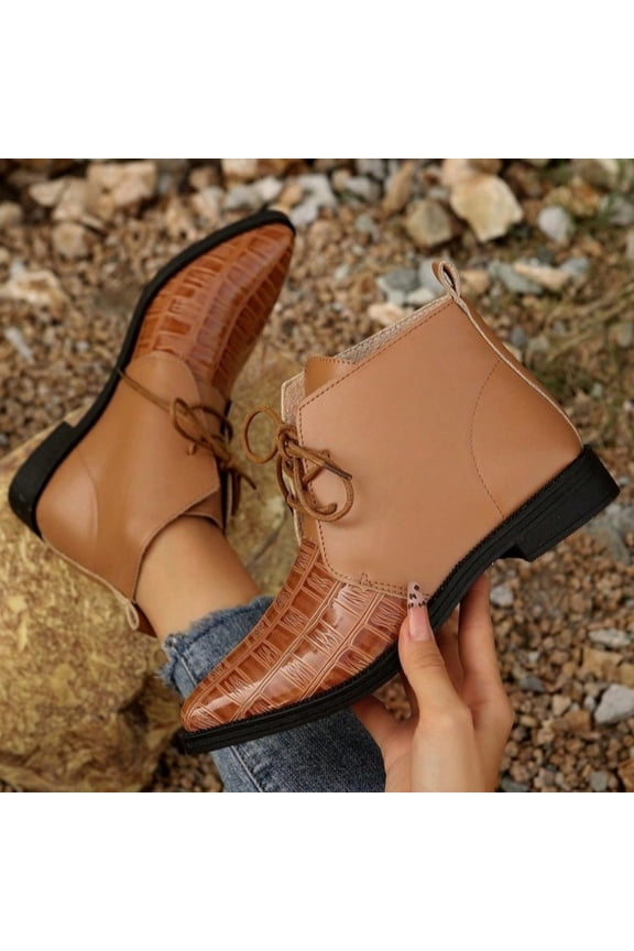 Ankle Boots For Women Two Tone Gloss Croc Embossed Lace Up Pointed Toe Low Flat Heel Boot Footwear For Business Casual Daily Wear