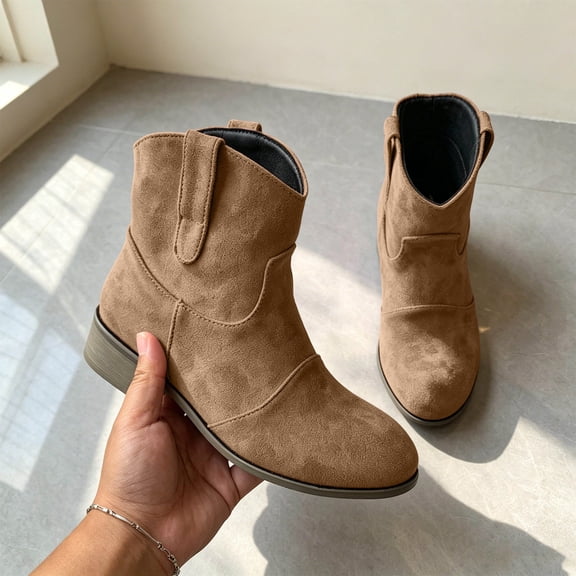 Bkhluea Ankle Boots For Women Matte Faux Suede Round Toe Stitched Panel Low Stacked Heel Pull On Western Boot Footwear For Casual Outdoor Street Style