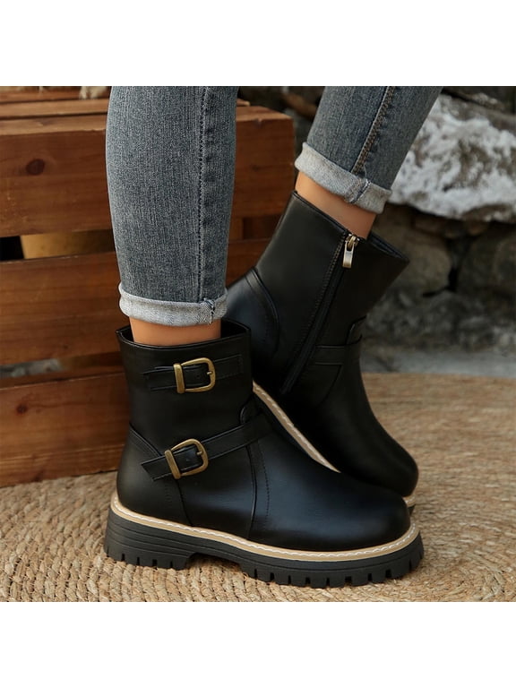 Ankle Moto Boots For Women Smooth Faux Leather Dual Antique Brass Metal Buckle Round Toe Lug Platform Low Block Heel Slip On Boot Footwear