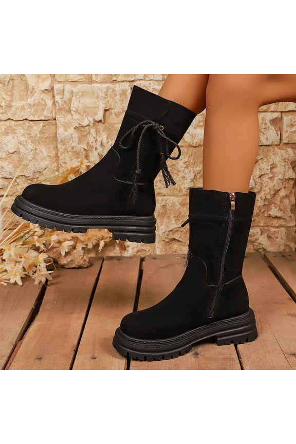 Ankle Platform Boots For Women Matte Faux Suede Rear Tassel Drawstring Round Toe Multi Layer Lug Sole Slip On Boot Footwear